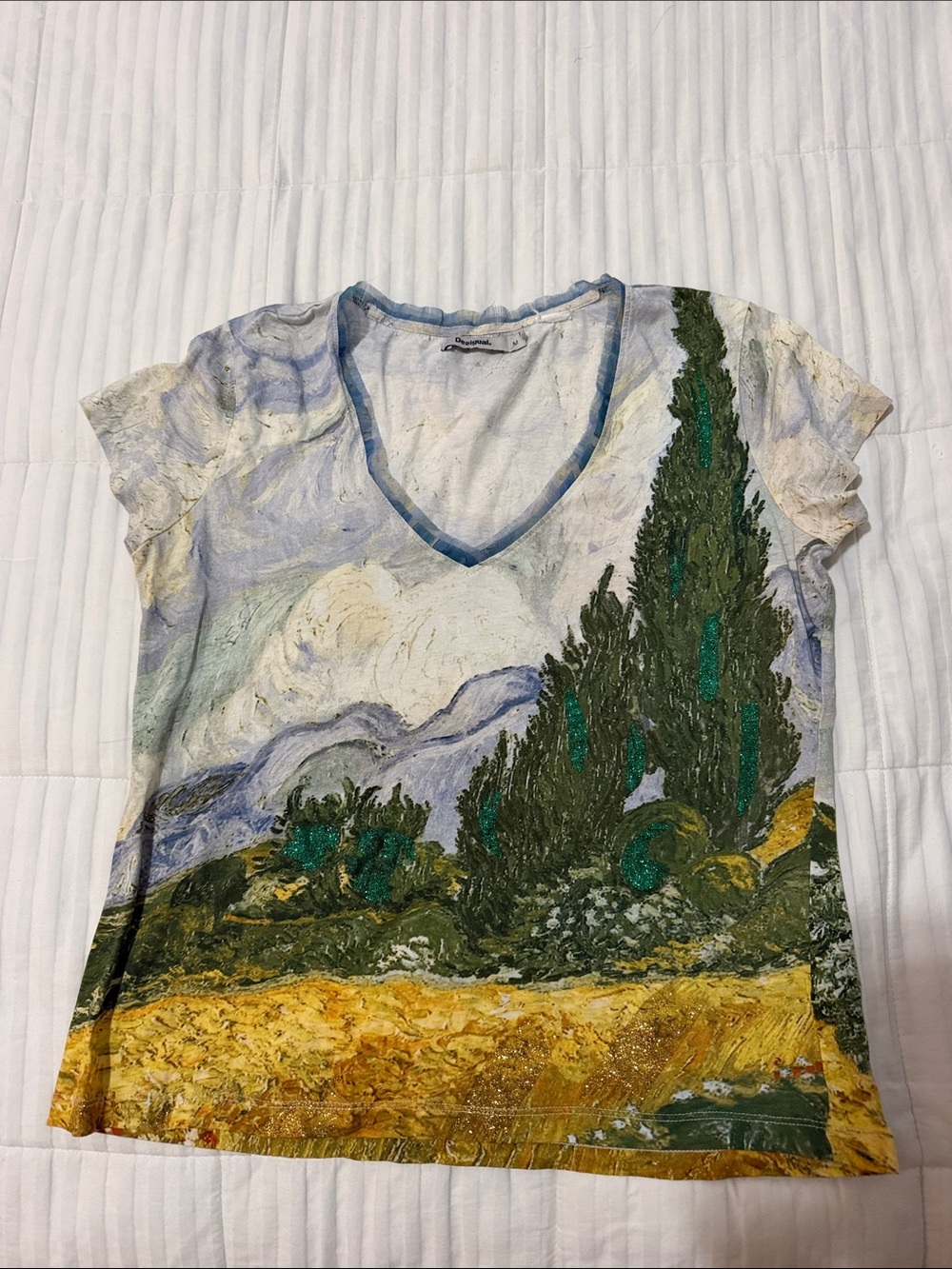 Desigual Short-Sleeve V-Neck Tee in Green, Yellow and Blue Scenic Print